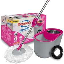 Reynera Giramop – Sistema de Limpieza Trapeador Mango Giratorio Telescópico, Cepillo Tallador, Canastilla Acero Inoxidable de Centrifugado, Canal de Drenado,  Activador - magenta - Ver 2