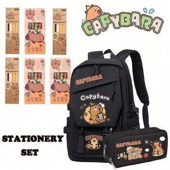 Capybara Backpack Set, Cute School Bag Light Comfortable, Suitable For Lower Grade Students, Large Capacity Backpack For Reducing Load And Protecting Spine, School Supplies Stationery For Friends And Students Large-Capacity Multi-Layer Pencil Case, Back To School Supplies School Essentials Perfect For Student
