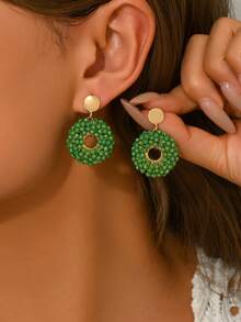 1 Pair Vintage Elegant Luxury Handmade Beaded Hoop Earrings, Fashionable Hollow Geometric Woven Green Crystal Pendant Earrings, Suitable For Valentine's Day, Music Festival, Wedding, Gift For Friends And Lovers, Suitable For Women's Daily, Vacation, Party Wear (Handmade Bead Color And Position Random) - Green - View 5