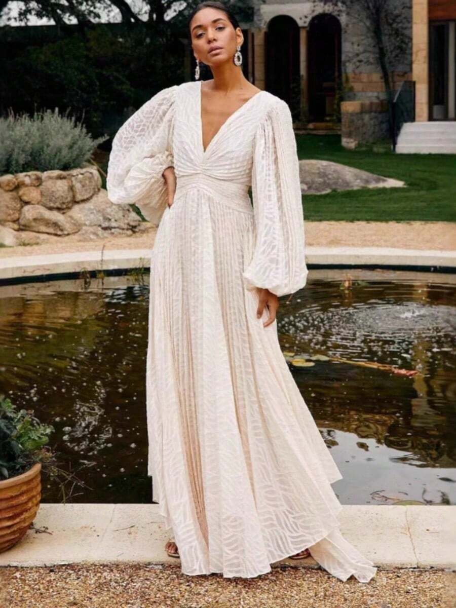 Elegant European And American Style Women's Dress, Long Sleeves, Oversized Skirt, Jacquard Pleated Lantern Sleeves, Formal Dress. - 白色 - 查看 1