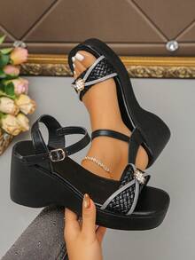 9cm Wedge Heel Sandals, Black Woven Rhinestone Embellished Elegant High Heel Sandals, Suitable For Dresses, Party And Daily Wear - Black Woven Rhinestone - View 1