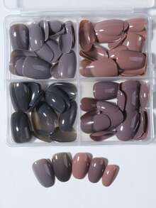 96pcs/Box (4 Boxes Assorted) Short Oval Brown/Gray Acrylic Nail Stickers, Full Coverage Fake Nails, Includes 1 Jelly Gel And 1 Nail File, With Storage Box, Suitable For Women And Girls For Daily Life And Parties - Multicolor - View 5