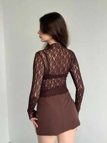 Elegant Women's Lace Semi-Sheer Top With Long Regular Sleeves And Stand Collar, Perfect For A Stylish Look - Rust Brown - View 2
