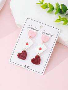 一对浪漫情人节闪亮心形爱心耳环，情书设计，女士时尚耳环，适合节日佩戴，送给妈妈或爱人的礼物 - 彩色 - 查看 2