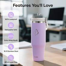 BUZIO Vaso de 40 onzas con asa vaso aislado con tapa 2 en 1 y popote vaso de cafe helado aislado al aspiradora taza termica de viaje a prueba de derrames para bebidas calientes y frias - prpura - Ver 5