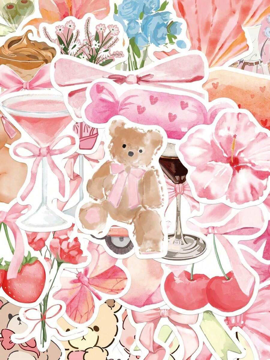 50pcs Pink Series Stickers, Cute Pink Cartoon Bear Theme, Applicable For Laptop, Bumper, Skateboard, Water Bottle, Computer, Phone Case And Back To School Decoration. Scratch-Resistant Decorative Stickers Suitable For Multiple Scenarios. - Multicolor - View 1