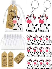 36 Pieces/Set Of Cow Themed Party Gift Set, Including Keychains, Thank-You Cards, And White Mesh Bags, Suitable For Farm Animal Themed Party Giveaways, Birthday Parties, Baptism Gifts, And Christmas Guest Souvenirs - A - View 2