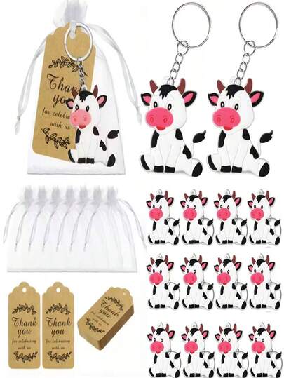 36 Pieces/Set Of Cow Themed Party Gift Set, Including Keychains, Thank-You Cards, And White Mesh Bags, Suitable For Farm Animal Themed Party Giveaways, Birthday Parties, Baptism Gifts, And Christmas Guest Souvenirs