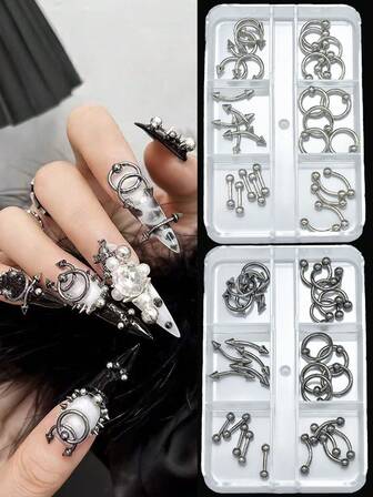 1 pudełko z zestawem metalowych akcesoriów do zdobienia paznokci 3D, nity, miniaturowe metalowe ćwieki w stylu punkowym do fajnych, rockowych zdobień paznokci, ozdoby na kolczyki do paznokci DlY, artykuły do zdobienia paznokci