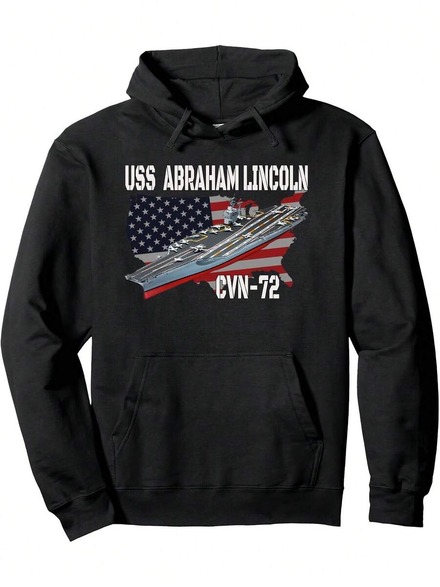1pc Men-S USS Abraham Lincoln CVN-72 Aircraft Carrier Print Hoodie - Casual Cotton Blend Longeeve Pullover With Pocket - Knit Fabric Hooded Sweatshirt For Daily Wear - SpringFall C_828 - 黑色17 - 查看 1