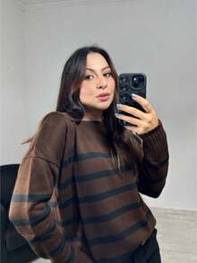 Striped Long-Sleeved Sweater Blouse, Fashionable Oversized Knitwear. - Rust Brown - View 2