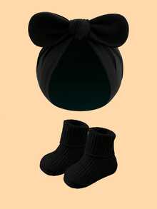 2件套婴儿柔软蝴蝶结印花头巾帽+针织袜套装，舒适发带帽，可爱时尚，适合0-6个月宝宝四季佩戴，是绝佳的生日礼物。 - 彩色 - 查看 12