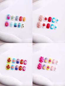NAIO 96 Pcs/Set Y2K Baddie Style Kids Press-On Nails Art, Acrylic Material, Pre-Coated Gel, Full Coverage, With Sparkly And Cute Patterns Including Flowers And Polka Dots. Short Adhesive Nail Stickers, Suitable For Little Girls-Cute Garden Theme. Nail Supplies - Multicolor - View 5