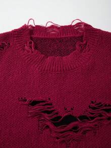 男士街头风个性做旧黑色长袖V领毛衣，休闲宽松套头针织衫，适合春、秋、冬季穿着 - 紅色 - 查看 3