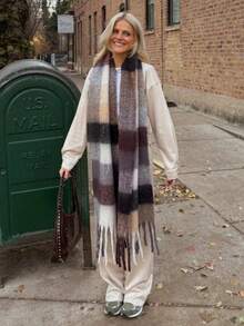 1pc Leopard Print Autumn/Winter Fashion Striped Plaid Fleece Warm Women Boucle Deep Brown Wool Thick Scarf, Warm Acrylic Scarf Like Cashmere, Bohemian Casual Windproof Couple Shawl, Comfortable Blanket Scarf, Suitable For Daily Wear For Dress - 多色-3 - 查看 3