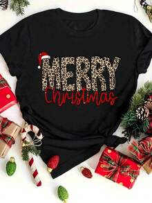 Plus Size Women Leopard Print "Merry Christmas" Graphic T-Shirt, Fall And Winter For Women - Black - View 1