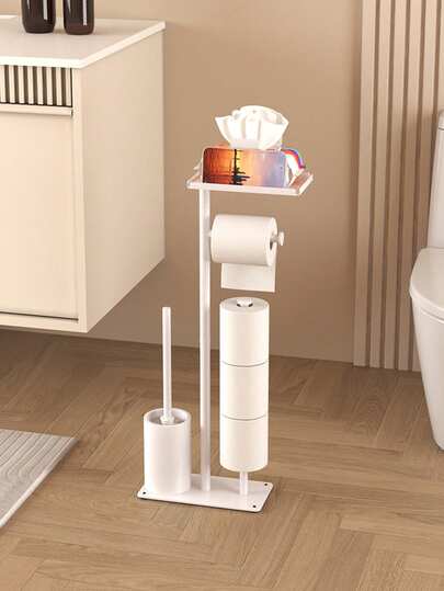 1 pieza Soporte de papel higiénico independiente con soporte para cepillo de inodoro, dispensador de papel higiénico de pie con estante de almacenamiento y soporte para teléfono, organizador desmontable de rollo de papel higiénico y soporte para cepillo de inodoro