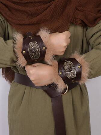 Medieval Viking Steampunk หนังเทียม ขนสัตว์ ปลอกแขน ป้องกันข้อมือ เกราะ สำหรับ ฮาโลวีน คอสเพลย์ พร็อพ เครื่องประดับ เครื่องแต่งกาย