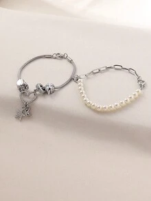 سوار جديد عصري مزدوج الطبقات للنساء، سلسلة عظم الثعبان باللؤلؤ مع قلادة نجمة وقمر وقلب ورسوم رباعية، إكسسوار فاخر مصنوع يدويًا - متعدد الألوان - مشاهدة 8