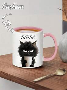 1pc Customized Black Cat Mug, Personalized Mug, Coffee Cup, Can Customize Name Or Text, Personalized Gift For Friends, Family, Women, Men, Holiday Gift, Anti-Mold, Reusable, Delicate And Cute, Modern Minimalist Customization - Multicolor - View 2