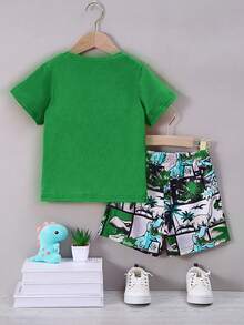 2pcs/Set Toddler Boys' Colorful Dinosaur Print Short Sleeve T-Shirt And Shorts Set, Summer - Green - View 2