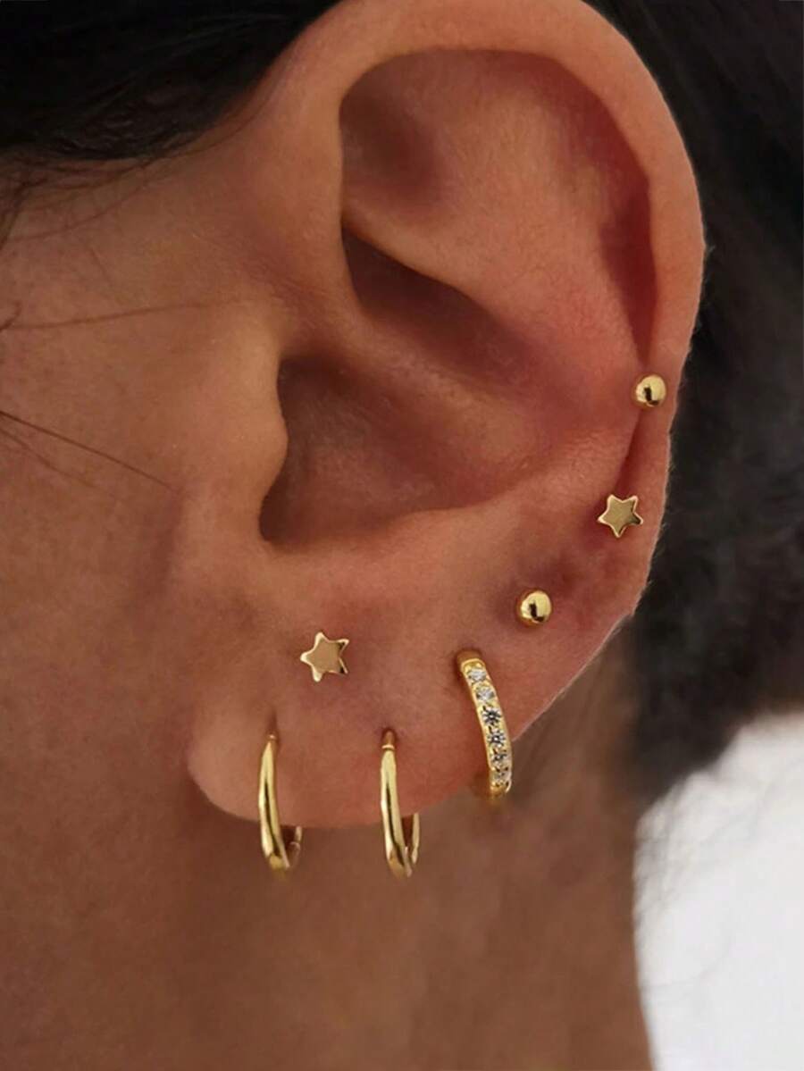 Bộ 4 đôi khuyên tai hình ngôi sao tròn nhỏ đính đá CZ cổ điển có thể xếp chồng lên nhau dành cho nữ, khuyên tai vòng tròn ôm sát thời trang mạ vàng 14K tinh xảo, khuyên tai dạng xoắn ốc cho sụn dái tai, trang sức xỏ khuyên nhiều lỗ cho bé gái - Vàng-1# - Xem 1