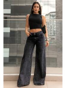 Women's Wide Leg Jeans With Marbled Pattern, Palazzo Style - Dark Wash - View 2