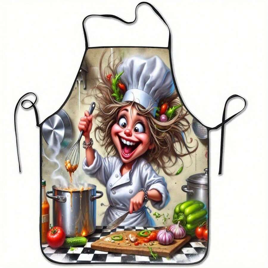1pc Cute Chef Apron With Smiling Female Chef Print & French Chef Hat Design - Polyester Kitchen Apron For Baking, Cooking, Coffee Making, & Use, Durable Cooking Apparel For Home & Professional Chefs - 混合顏色 - 查看 1