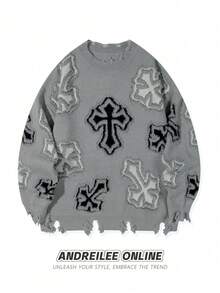 ANDREILEE 交叉提花针织套头毛衣，休闲宽松版型，适合春、秋、冬三季穿着，男女皆宜 - 灰色 - 查看 1