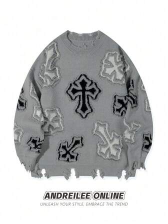 男女皆宜的休闲宽松交叉提花针织套头毛衣，适合春、秋、冬三季穿着，长袖上衣