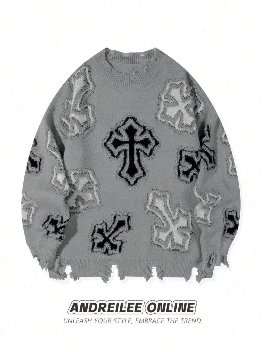 ANDREILEE 交叉提花针织套头毛衣，休闲宽松版型，适合春、秋、冬三季穿着，男女皆宜 - 灰色 - 查看 1