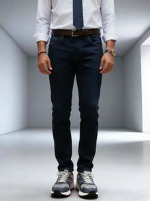 Nuevo 2025, Ropa masculina de alta calidad, azul puro, azul claro, azul oscuro, jeans de cintura media y recta, negocios diarios, viajes de ocio, primavera, otoño e invierno, conferencias, necesidades de ropa - Azul Negro - Ver 2