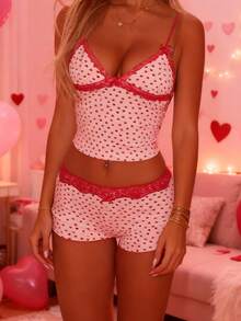 Women Summer 2 Pcs Pajamas Set Y2K Heart Graphic Lace Trim Crop Cami Tank Top And Mini Shorts Loungewear Set Summer Holiday Casual Going Out Pjs Sleepwear - 粉色 - 查看 3