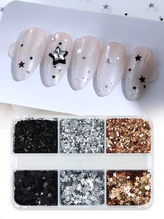 6-Panel Gold, Silver, Black 1+3MM Star Nail Glitter Decoration Mini Pentagram Glitter Nail Accessory