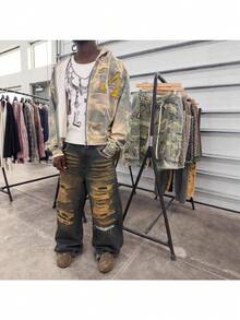 Unisex Edgy Camo Hoodie - Leopard Patchwork Number Print Distressed Zip-Up Casual Streetwear Jacket - 綠色 - 查看 2