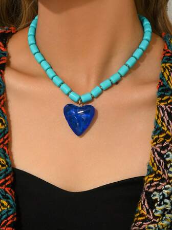 1pc Elegant Fashion Gold Heart, Orange & Red Resin 3D Heart Pendant Necklace With Blue Resin 3D Heart, Suitable For Daily Wear, Vacation, Party