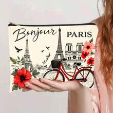 1 pièce Sac cosmétique Bonjour Paris Tour Eiffel Floral - Pochette de maquillage légère avec fermeture éclair sécurisée, sac de toilette de voyage pour femmes, design de style parisien compact, parfait pour les produits de beauté essentiels, sac de toilette, sac de douche, grande capacité pour les femmes, sacs de rangement de voyage, sac de maquillage de vacances essentiels