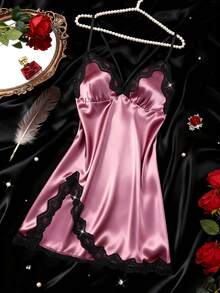 Women's Nightgown, Mature Floral Print Satin Lace Trim Sleepwear Dress, V-Neck Criss-Cross Open Back Spaghetti Strap Slip Dress, Comfortable Robe - Purple - View 8