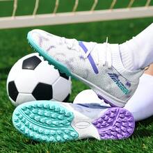 1 par de chuteiras de futebol, adequadas para grama sintética externa, campos de treinamento internos, esportes coletivos profissionais, com cadarço, sola de borracha antiderrapante, design leve e de alto desempenho, chuteiras de futebol profissionais de alta qualidade. - Branco e azul - Ver 5