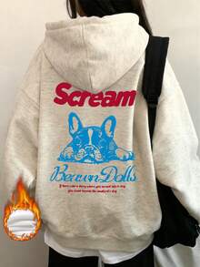 Slouchy Loose Sweatshirt Long Sleeve Bull Dog Letter Print Fleece Sweatshirt - Light Gray - View 3