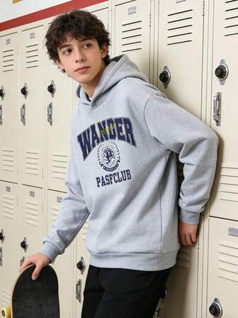 Youth Autumn/Winter Light Gray Solid Color Fleecy Pullover Hoodie Sweatshirt, Versatile, Teens Boys Clothes & Gifts