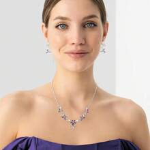 Crysdue Flower Leaf Wedding Jewelry Set Bridal Bridemaid, Cubic Zirconia Teardrop Elegant Silver/14K/Gold Plated Vine Necklace Dangle Earrings Prom Party - A_Purple - 查看 6