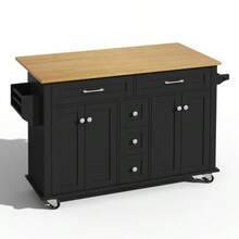 Multifunctional Kitchen Trolley With Fold-Out Worktop, Extendable To 120*65 Cm, With 5 Drawers, Cabinets, Spice And Towel Racks, On Casters – Kitchen Island For Kitchen, Dining Room And Living Room - 黑色 - 查看 8