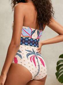 Leaf Print Backless Cutout Twist One-Piece Swimsuit, Bohemian Style, Beach Vacation, Summer - Multicolor - View 3