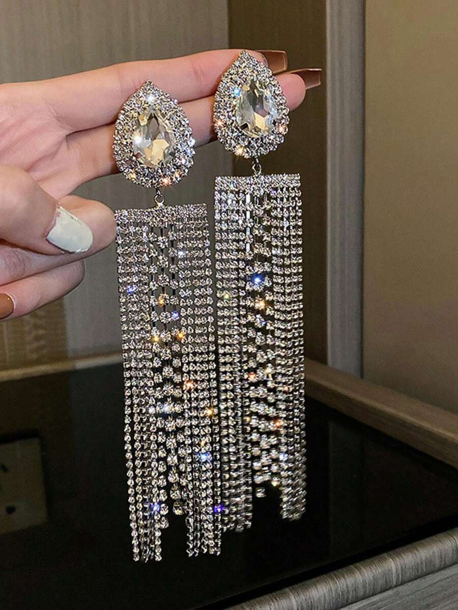 Andkiss Rhinestone Tassel Drop Earrings - Black - View 1