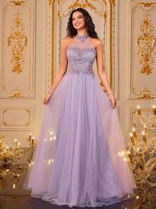 VIPGIRL New Purple Sequin Contrast Mesh Elegant Formal Evening Gown, Dignified And Leg-Lengthening - Purple - View 4