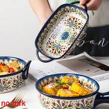 1pc Creative Polish Style Hand-Painted Floral Pattern Ceramic Double-Ear Ramen Bowl & Baking Dish - Multicolor - View 2