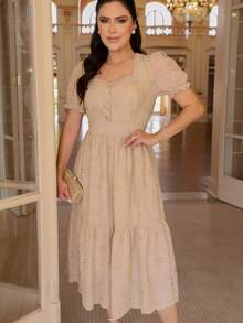 Elegant Midi Dress In 3D Lace, Lined, With Puff Sleeves, Ruffles, And Princess Neckline. - Sand Beige - View 5