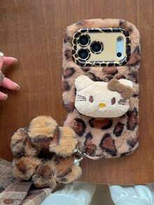 Sanrio Leopard Print Fluffy KT Cat Phone Case Compatible With Apple 17PROMAX/16pro/15/14/13/12/11, Lens Holder, Fluffy Leopard Cat Design, Warm Phone Case For Autumn/Winter - Multicolor - View 7
