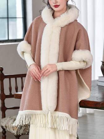 1pc New Bridal Wedding Dress Shawl, Women's Hooded Cloak Outerwear, High-End Thick Warm Faux Fur Collar Coat, Autumn/Winter